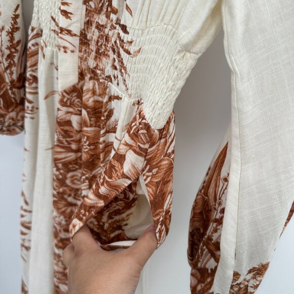 OPT Long Sleeve Linen Blend Midi Dress Ivory/Brown Floral Print size M Medium - Picture 5 of 9